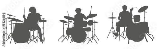 Drummer silhouette set playing drum kit – musician band performance illustration