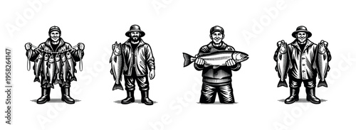 Fishermen illustrations in black and white silhouette style displaying various fish catches
