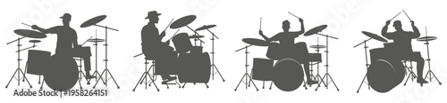 Drummer silhouette set playing drum kit – musician band performance illustration