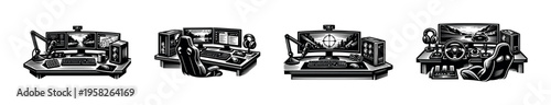 Black and white vector illustration of gaming setups with computers and peripherals, featuring multiple screens and gaming chairs