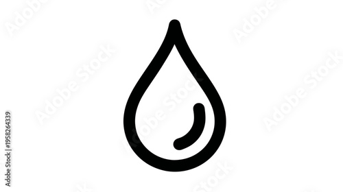 A black, stylized droplet, with a simple curved inner detail. Surrounded by white space