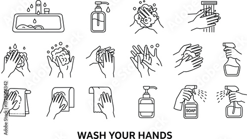 Vector set of hand washing and hygiene line icons featuring soap dispensers sanitizing spray and cleaning steps for medical health and safety instructions.