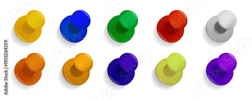 Office vector push pins set of shiny colorful plastic. Colored Thumbtack Office. Pins for pinning paper notes. Yellow, green, red, blue office pins.