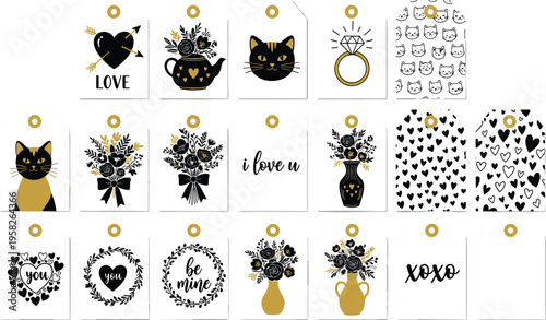 Set of romantic vector gift tags featuring black and gold illustrations of cats hearts flowers and love quotes for Valentine Day wedding favors and anniversary packaging.