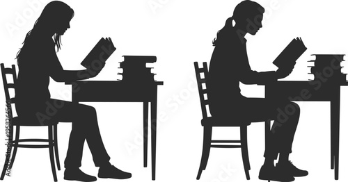 Silhouette of Two Women Sitting at a Desk Reading Books and Studying with Stacks of Books Isolated on White Background
