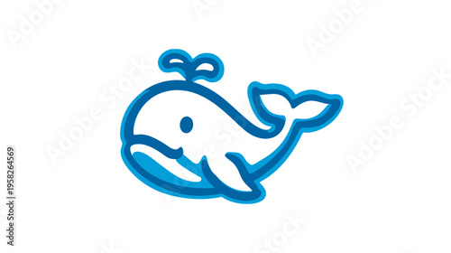 Stylized illustration of a happy cartoon whale in shades of blue. White background