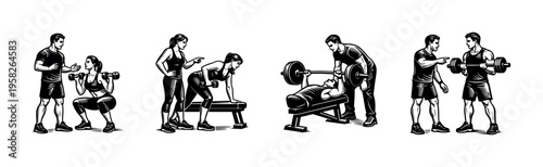 Fitness training silhouette, gym exercise scene, vector illustration of workout equipment and people