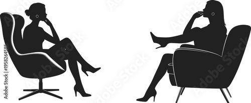 Silhouette of Two Women Sitting in Armchairs Having a Professional Discussion Interview or Therapy Session Isolated on White Background Vector