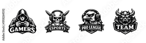 Gaming mascot logos vector set with skulls eagles and demons in black and white illustration
