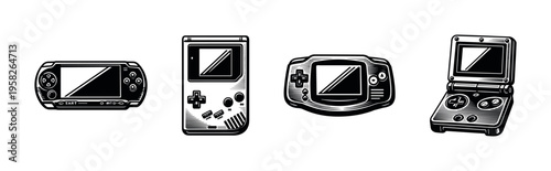 Vector illustration of vintage handheld gaming consoles, black and white silhouette