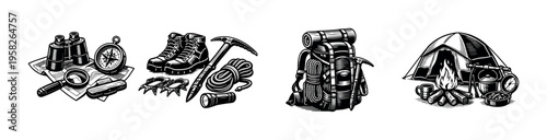 Vintage style outdoor adventure equipment illustration featuring binoculars backpack and camping gear