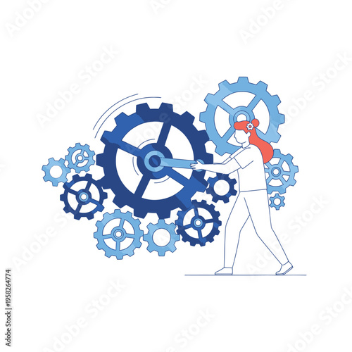 Person wearing VR headset adjusting complex gears system.