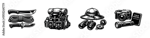 Vintage vector adventure gear set silhouette illustration featuring tools and equipment