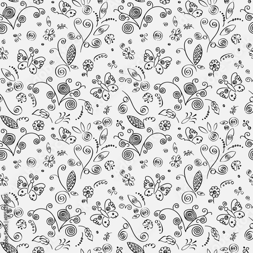 seamless pattern with hand-drawn elements, children's drawing with stylized flowers, butterflies and ornament fragments