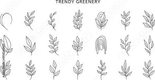 Large collection of trendy vector greenery leaf icons featuring minimalist hand drawn floral branches and organic foliage elements for modern wedding branding and nature design.