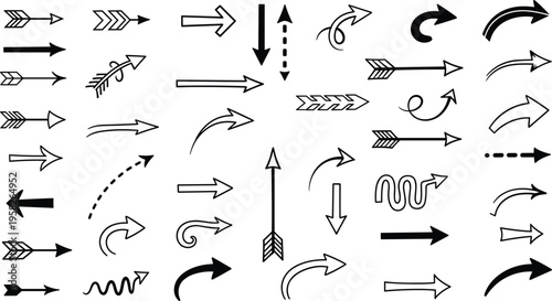 Large collection of vector arrow icons featuring various hand drawn styles curved pointers and decorative directional symbols for navigation infographics and creative web design.