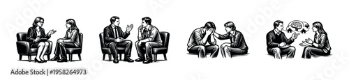 Black and white vector illustration of group therapy session with chairs and people