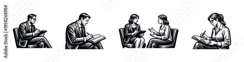 Black and white vector illustration of business people in a meeting silhouette style