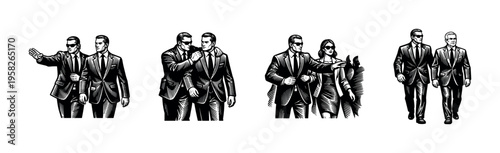 Black and white vector illustration of group of businessmen in formal suits in silhouette style