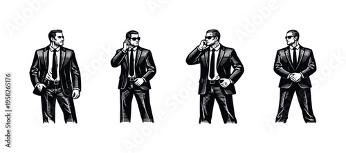 Black and white vector illustration of businessmen in suits standing in various poses