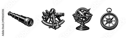 Vintage nautical instrument set telescope sextant armillary sphere compass black and white illustration