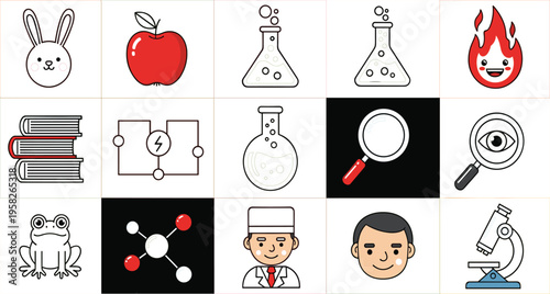 Science Education Icon Set with Laboratory Equipment, Research Tools, Scientist Character, and Chemistry Symbols Vector Collection