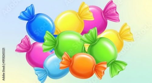 Colorful wrapped candies in blue pink green yellow and orange hues on gradient background