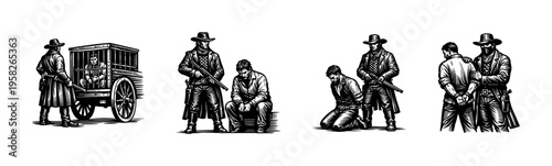 Vintage outlaw scene illustration, black and white, western theme, silhouette style art