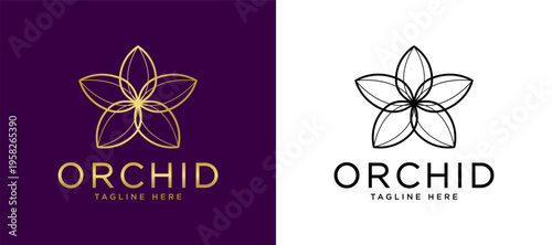 Luxury Orchid Gold Line Logo on Purple Background, Elegant Floral Emblem, Premium Beauty Spa Branding Template