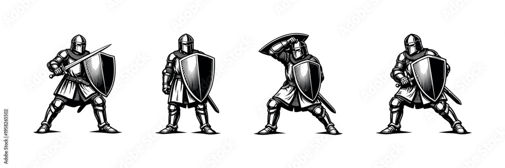 Naklejka premium Medieval knights illustration set, armored warriors in vector style, black and white silhouette