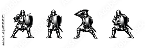 Medieval knights illustration set, armored warriors in vector style, black and white silhouette