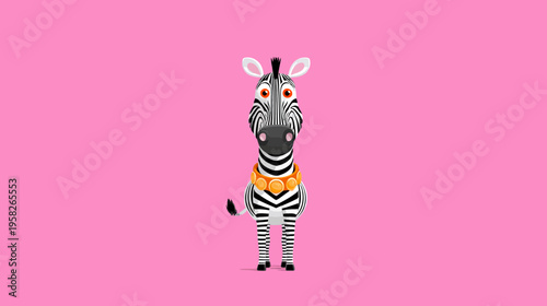 Animated zebra with bold black and white stripes, wearing a collar on a vibrant pink background
