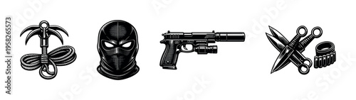 Vector illustrations of tactical equipment including grappling hook, balaclava, pistol, and tactical knives in black and white