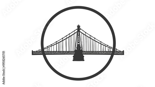 A monochrome illustration features a stylized suspension bridge enclosed within a dark, circular border