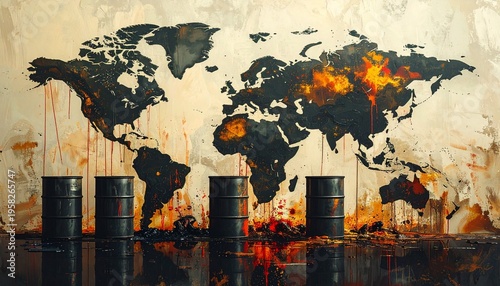 Burning world map with oil barrels global crisis pollution concept