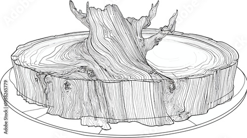 A detailed sketch shows a tree stump with detailed wood grain. The stump features a top surface and base