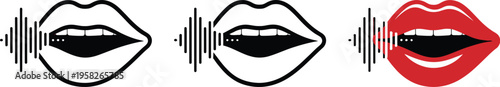 Mouth icons horizontal row, stylized lips with fill and outline styles, sound wave elements, voice audio chat ui symbols, minimal modern vector design.