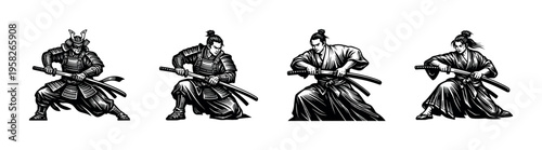 Black and white samurai warriors silhouette illustration japanese swordsmanship art elements