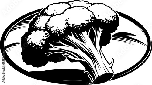 A black and white graphic illustration featuring a healthy head of broccoli. It's inside a decorative oval frame