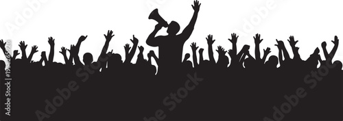 Protest crowd silhouette with leader shouting through megaphone
