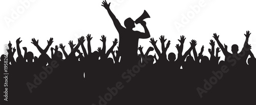 Protest crowd silhouette with leader shouting through megaphone
