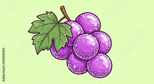 A vibrant bunch of purple grapes with green leaves on a light green background perfect for food and drink concepts