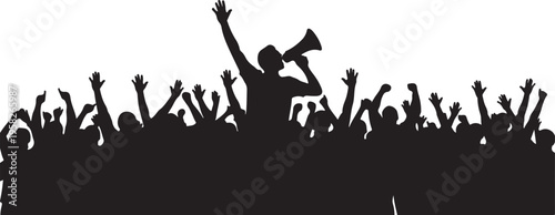 Protest crowd silhouette with leader shouting through megaphone
