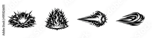 Dynamic explosion and energy burst elements, black and white vector silhouette illustrations