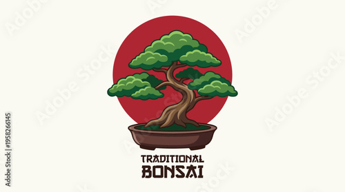 The image features a beautifully stylized bonsai tree illustration set against a vibrant red circle, representing tradition, growth, and natural beauty in design.