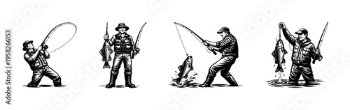 Set of black and white vector illustrations of fishermen catching fish in various poses