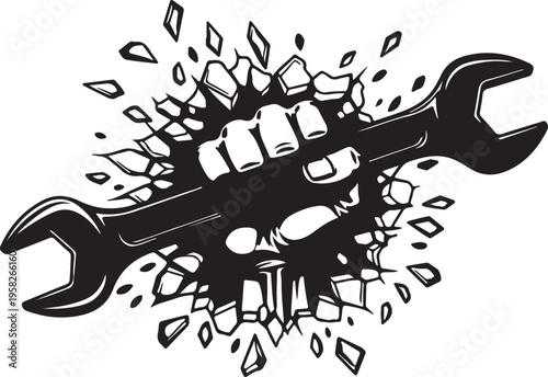 Fist holding wrench breaking through shattering surface repair concept
