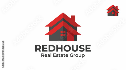 This modern logo features a sleek house silhouette with a bold red and black color scheme, encapsulating professionalism and expertise in the real estate market.