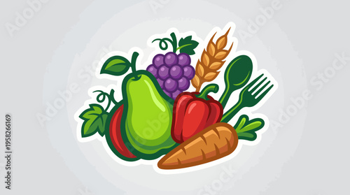 A colorful, artistic representation of fresh fruits and vegetables arranged beautifully, promoting healthy eating and the vibrant colors of nature's bounty.