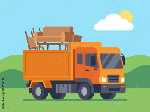 This illustration depicts an orange truck loaded with various types of furniture including a sofa, representing moving and logistics in a bright, cheerful setting.
